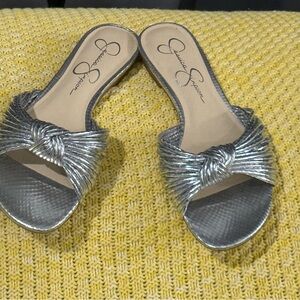 Jessica Simpson Metallic Silver Knotted Slide Mules